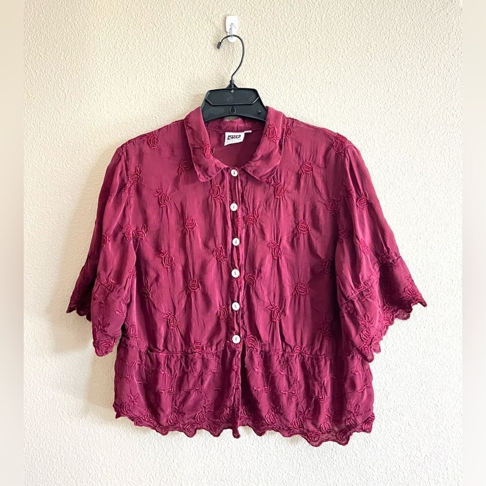 Johnny Was Lace Floral Semi Sheer Collar Button Front Top